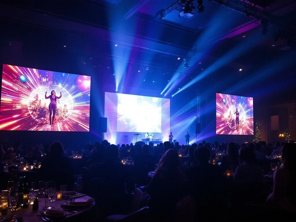 Illustration of an evening function with tables and a lit stage