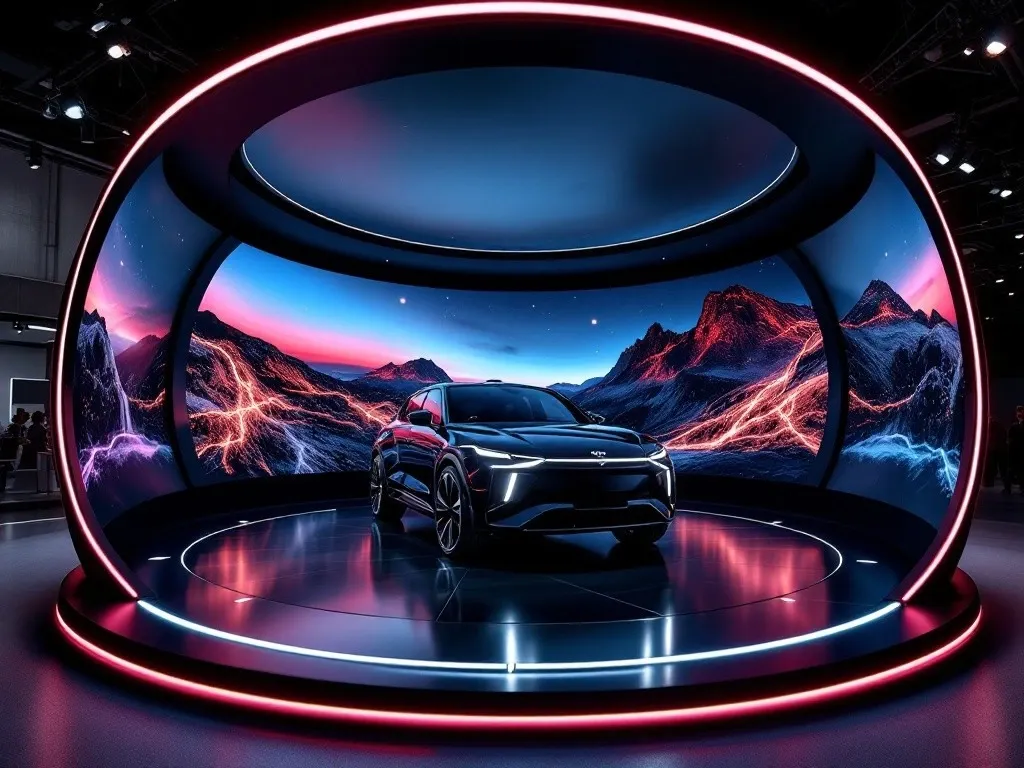 Black electric car displayed on a circular stage surrounded by curved LED screens showing a mountain landscape