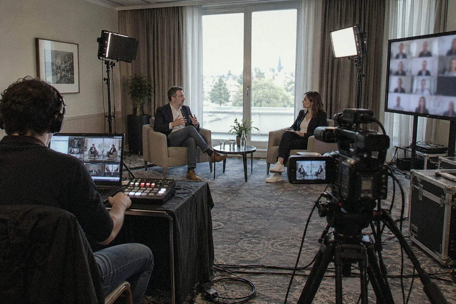 Small hybrid broadcast set with camera, lighting and a screen showing remote attendees