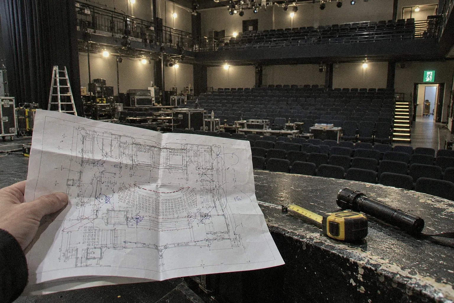 Annotated floor plan, tape measure and torch on the edge of a stage