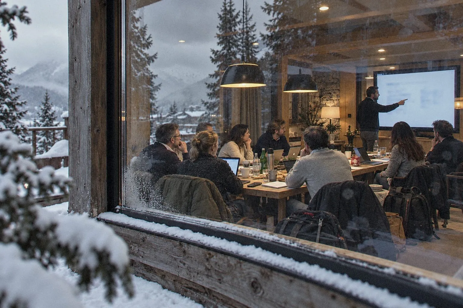 Executive committee meeting in a chalet, seen through the picture window