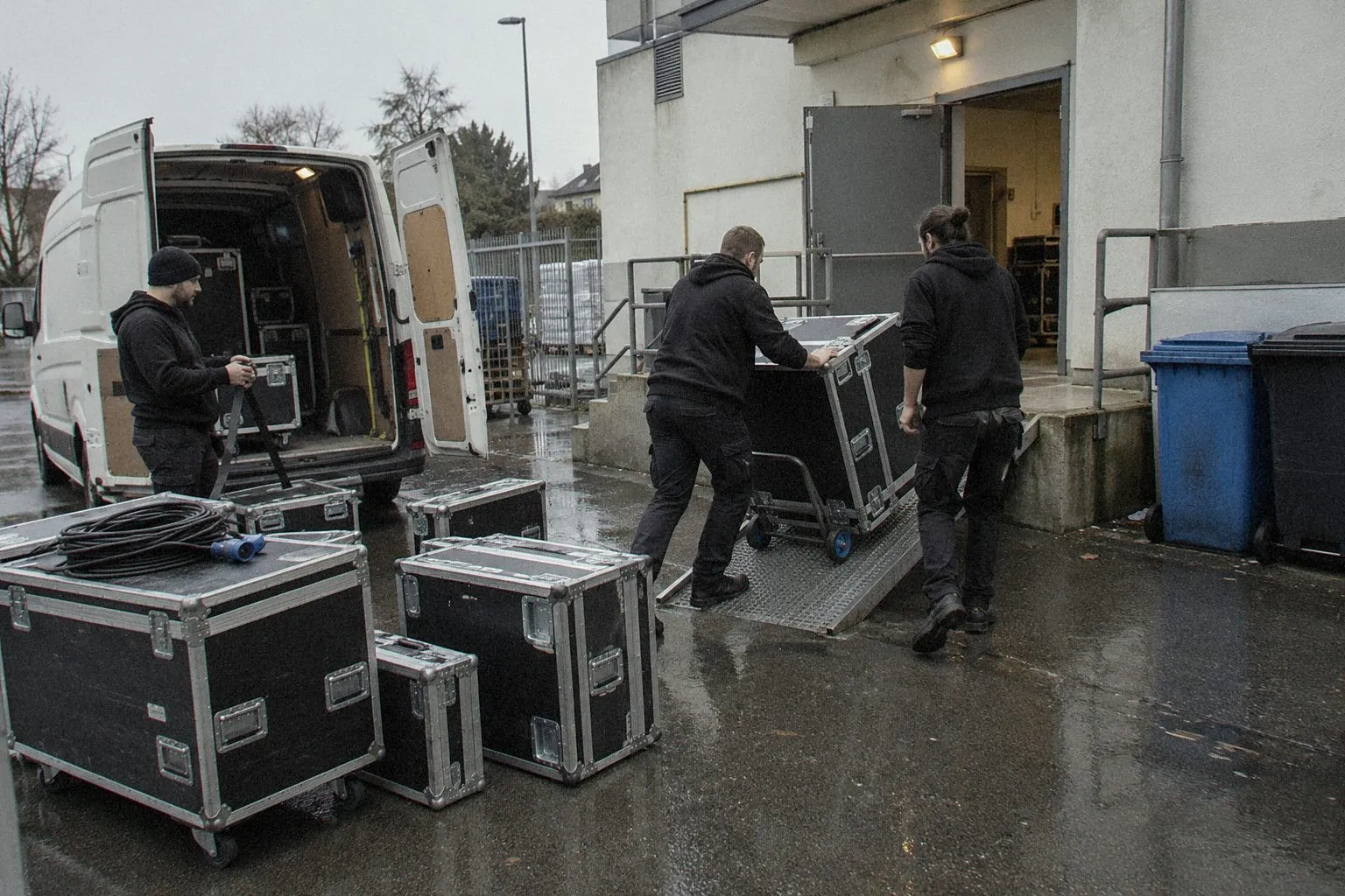 Technicians loading flight cases into a van behind the venue after the seminar