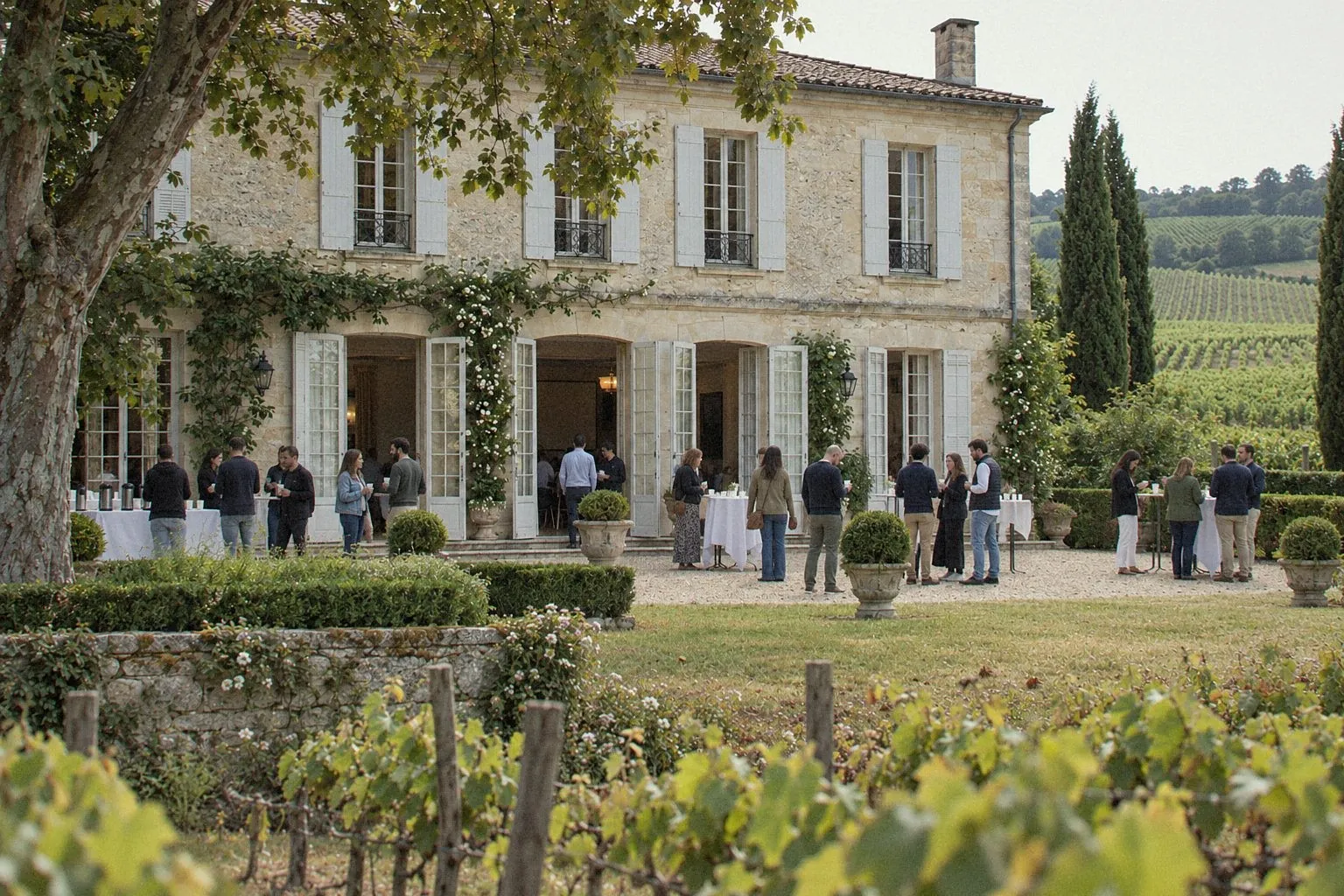 Outdoor coffee break in front of a manor house surrounded by vineyards