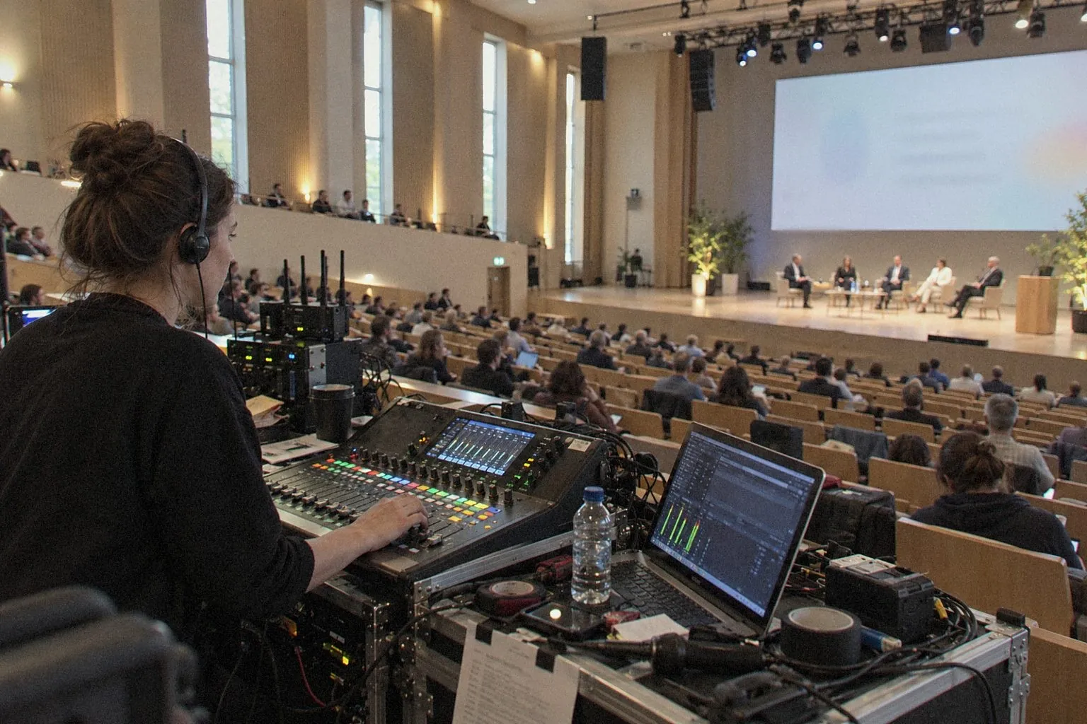 Technician at the sound desk at the top of an auditorium during a round table